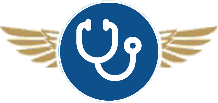 Capital Med diagnostics and imaging icon with gold wings and a navy medical emblem